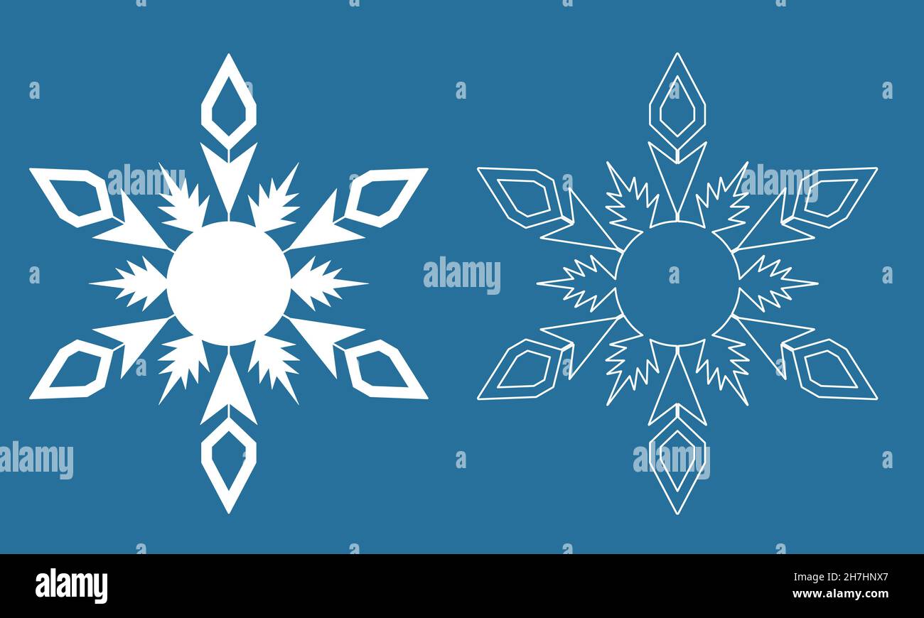 Simbolo del fiocco di neve di Natale e inverno, fiocco di neve bianco cristallo di ghiaccio su sfondo blu, semplice illustrazione vettoriale Illustrazione Vettoriale