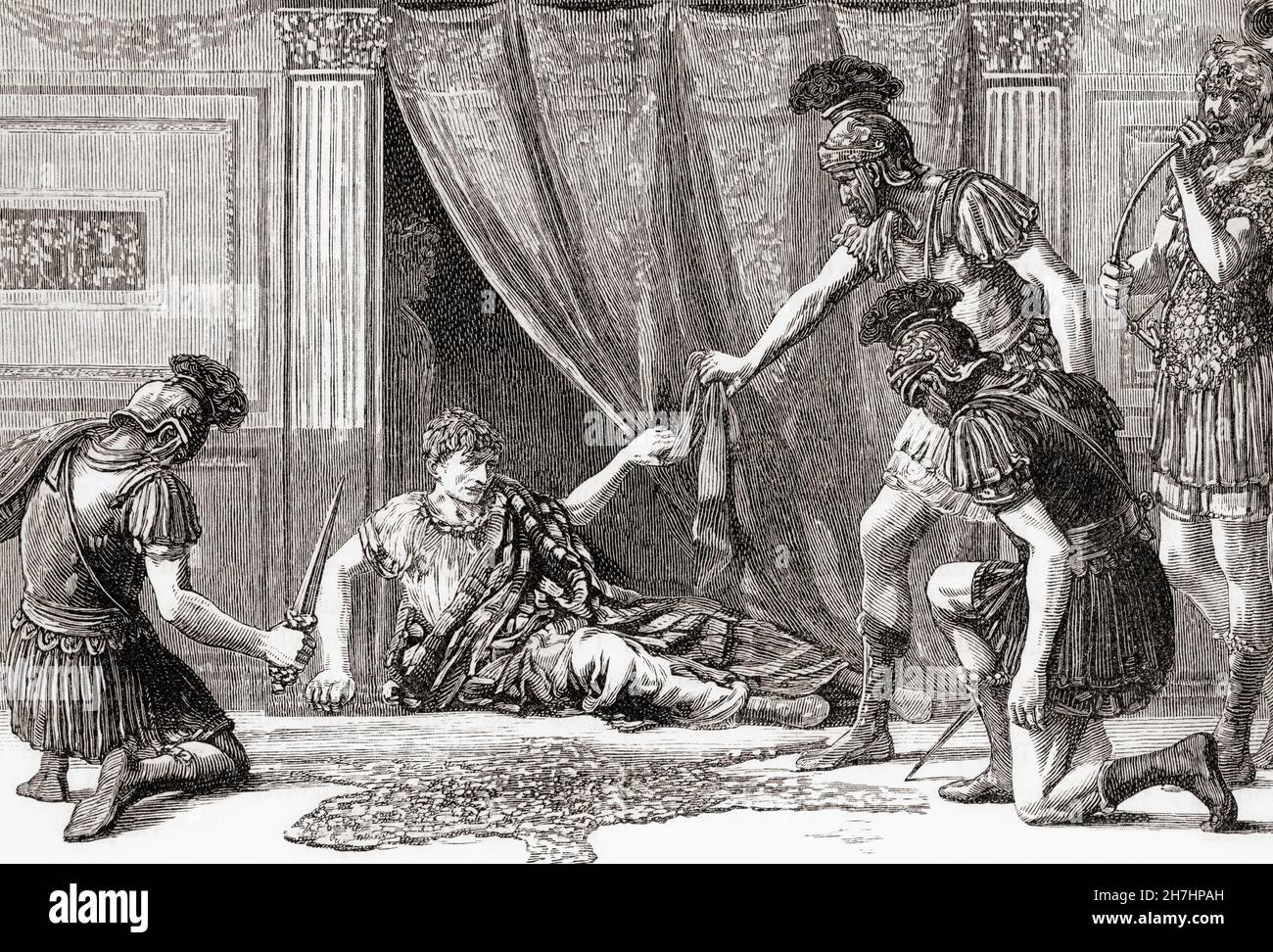 Tiberio Claudio Cesare Augusto Germanico, 10 a.C. – 54 d.C. Quarto imperatore romano. Dopo che Caligula fu assassinato in una cospirazione che coinvolse il comandante pretoriano Cassius Cherea e diversi senatori, Claudius che probabilmente conosceva la trama ma non vi aveva una mano diretta, Le guardie hanno assistito all'esecuzione di diversi nobili, compresi i suoi amici, e sono fuggiti al palazzo per nascondersi dove un pretoriano di nome Gratus lo trovò dietro una tenda e lo dichiarò principi o imperatore. Dalla storia universale illustrata di Cassell, pubblicata nel 1883. Foto Stock