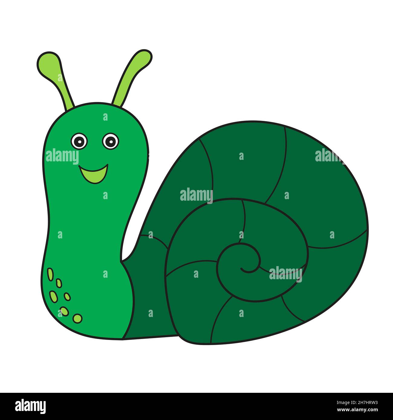 Semplice icona cartoon. Cute verde lumaca sorridente su sfondo bianco. Concetto di adesivi di insetti simpatici e divertenti e animali da giardino per bambini. Illustrazione Vettoriale
