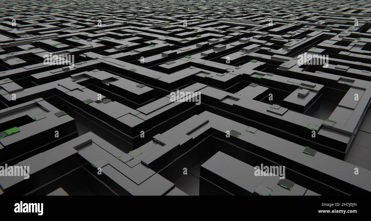 Il labirinto futuristico passa al rendering 3d su sfondo infinito Foto Stock