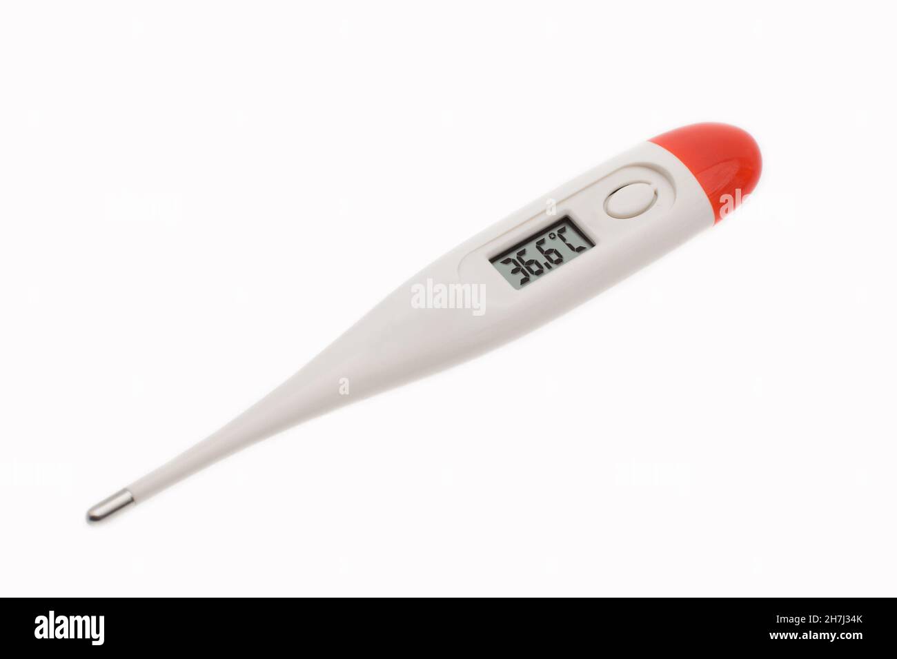 Termometro con il numero 36.6 su sfondo bianco Foto Stock