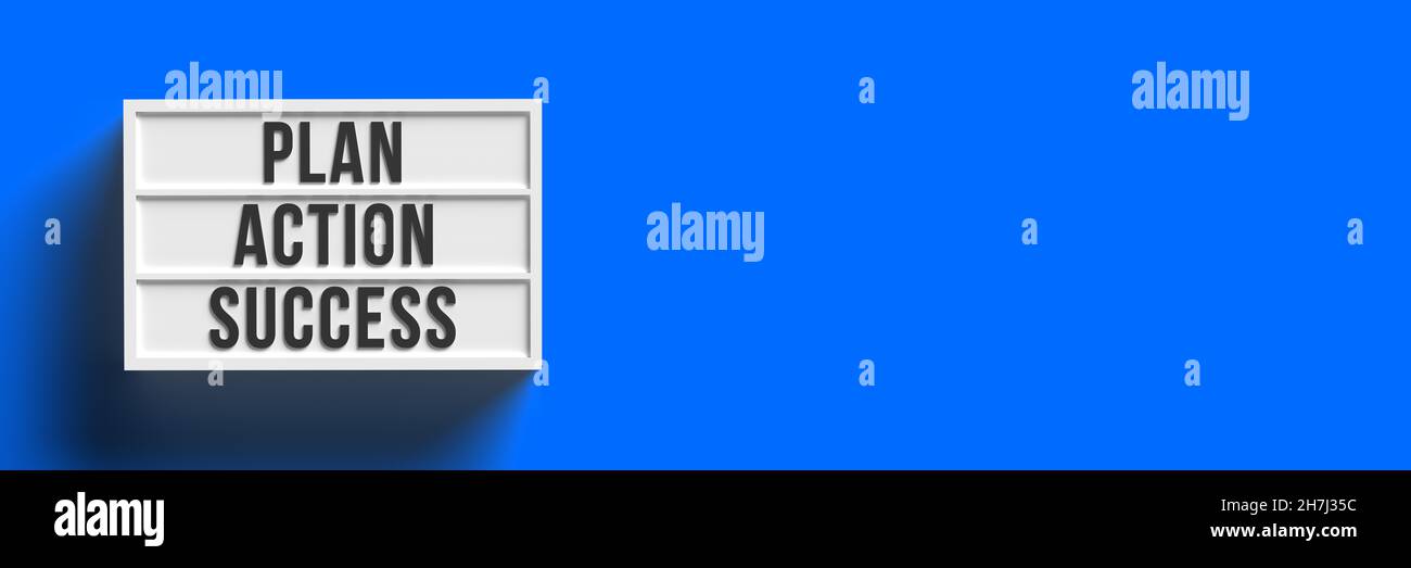 Riquadro luminoso con rendering 3D con messaggio di testo DI SUCCESSO DELL'AZIONE DEL PIANO su sfondo blu con spazio di copia. Scheda motivazione aziendale ed educativa. Foto Stock