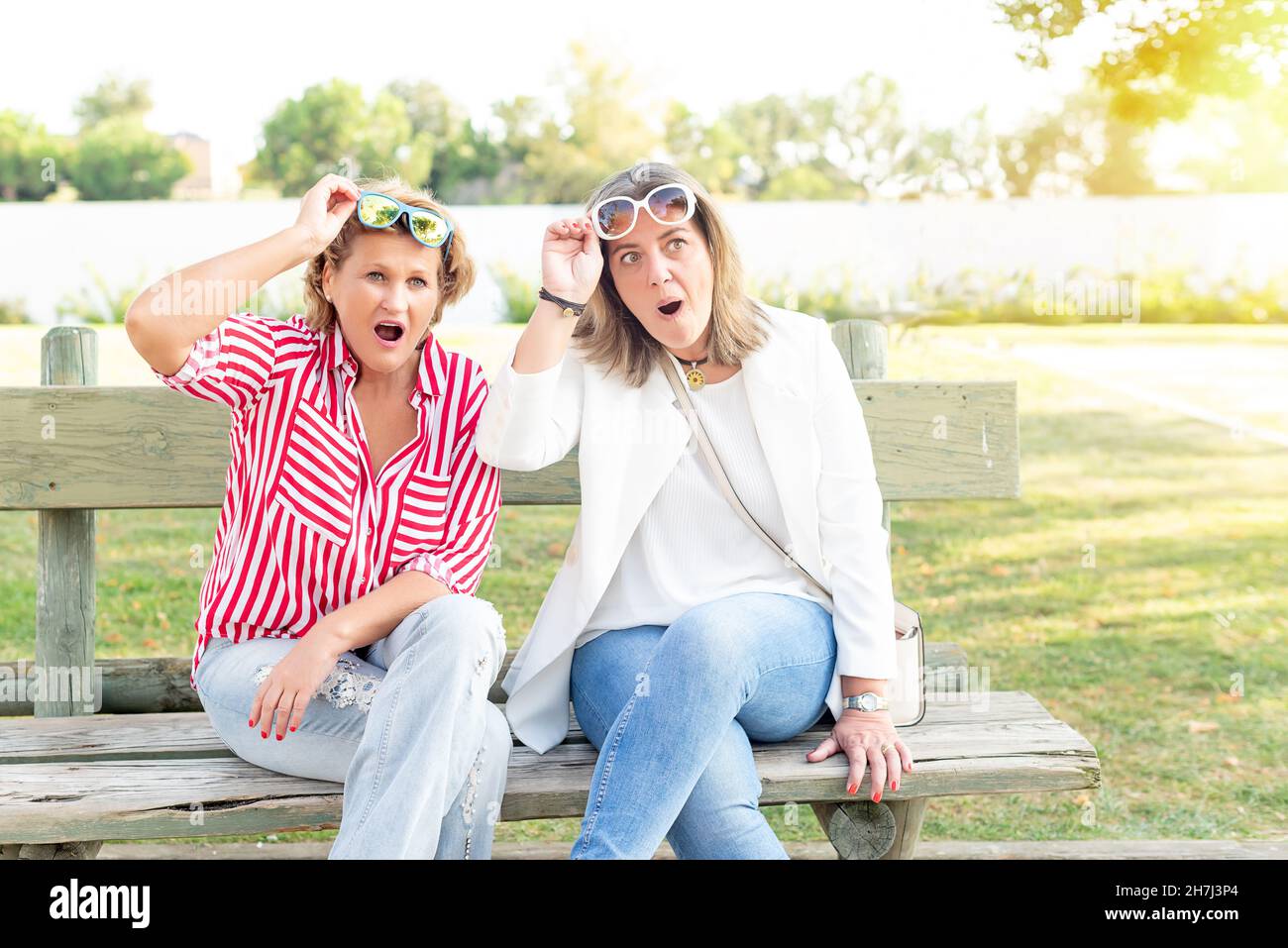 Due donne di mezza età sedute su una panca del parco che tolgono i loro occhiali da fissare. Concetto di sorpresa in una situazione particolare Foto Stock