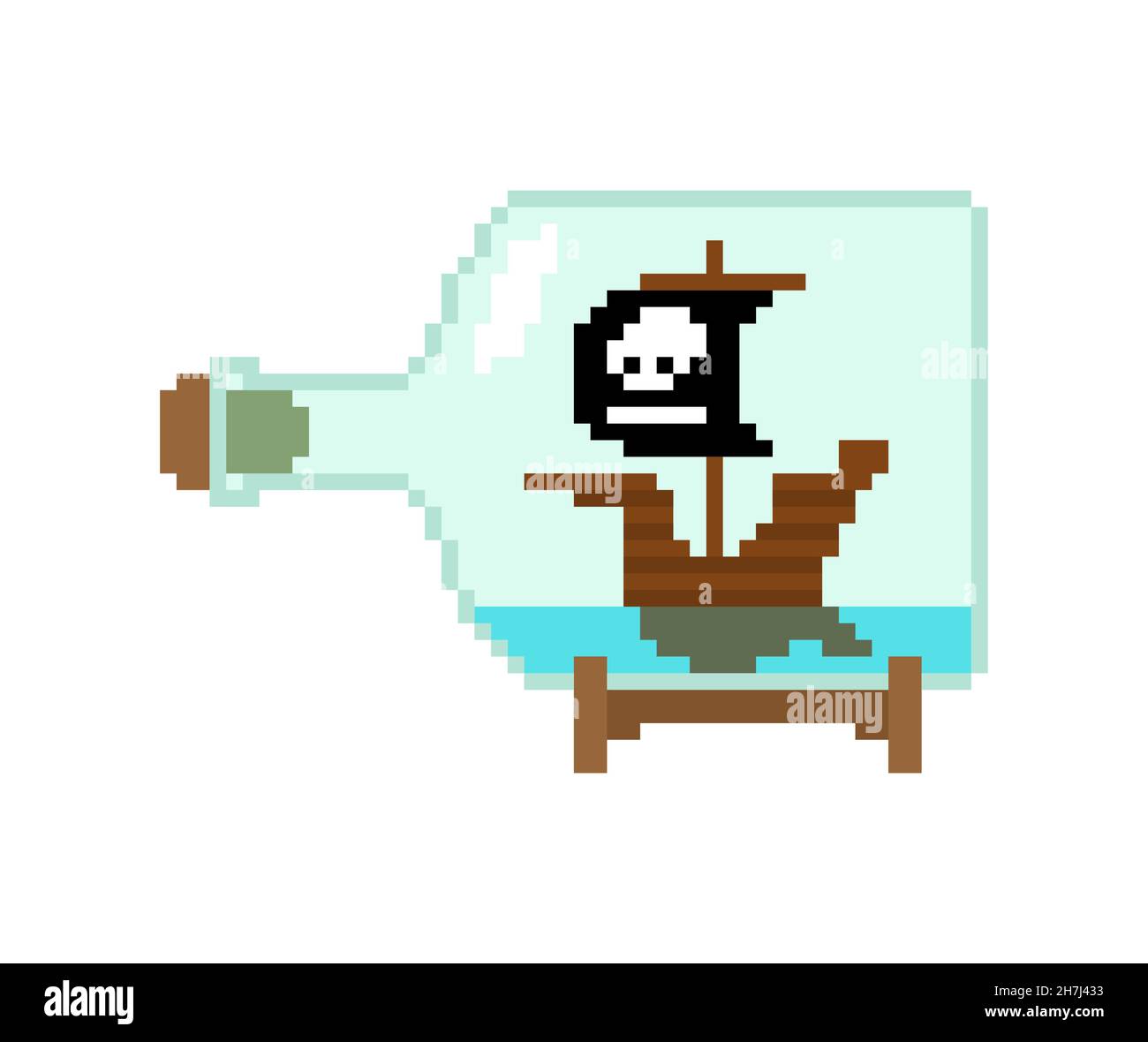 Nave pirata in bottiglia pixel art. Illustrazione vettoriale a 8 bit Illustrazione Vettoriale