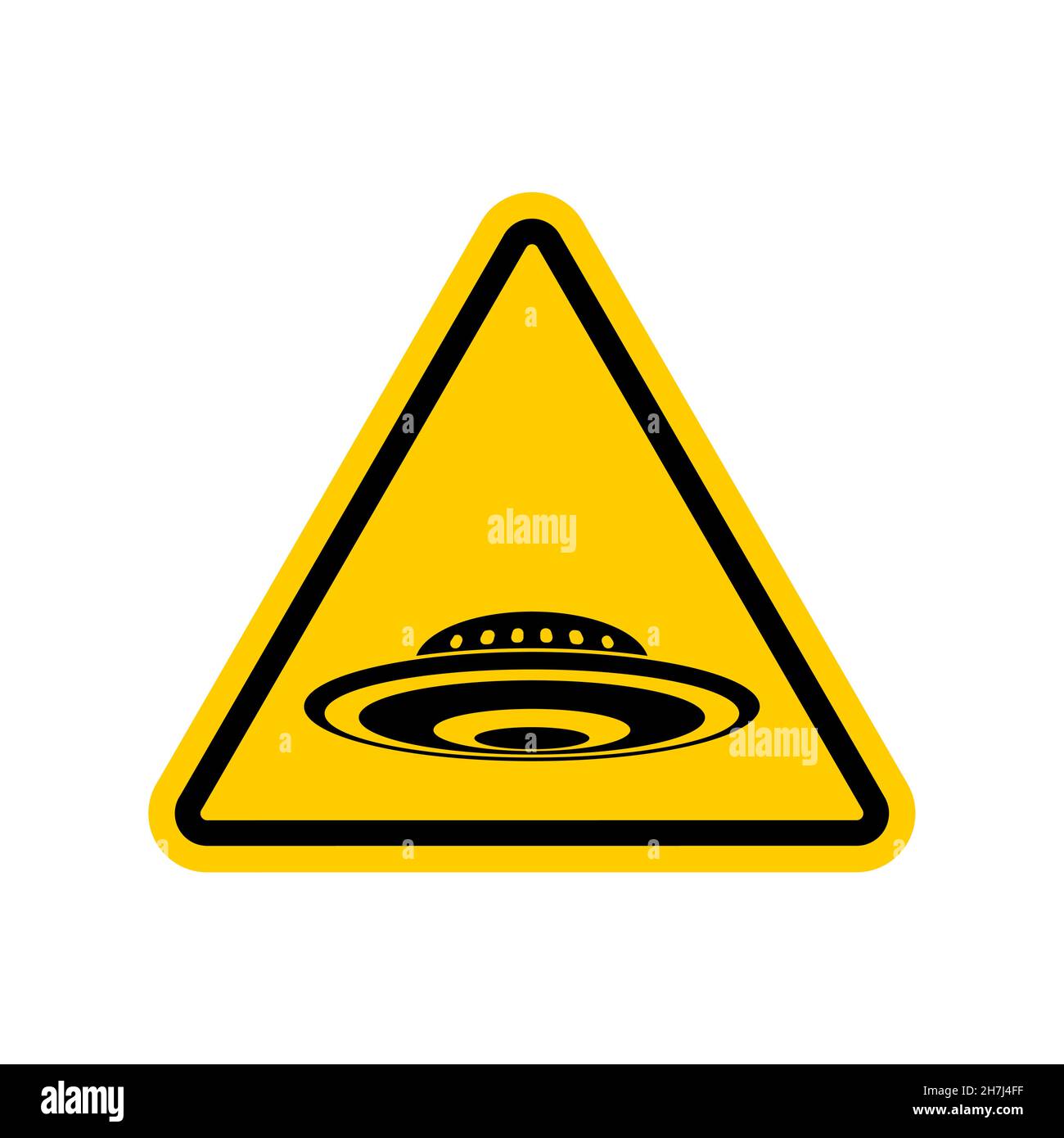 Attenzione UFO. Attenzione: Oggetto volante sconosciuto. Cartello stradale giallo triangolare Illustrazione Vettoriale