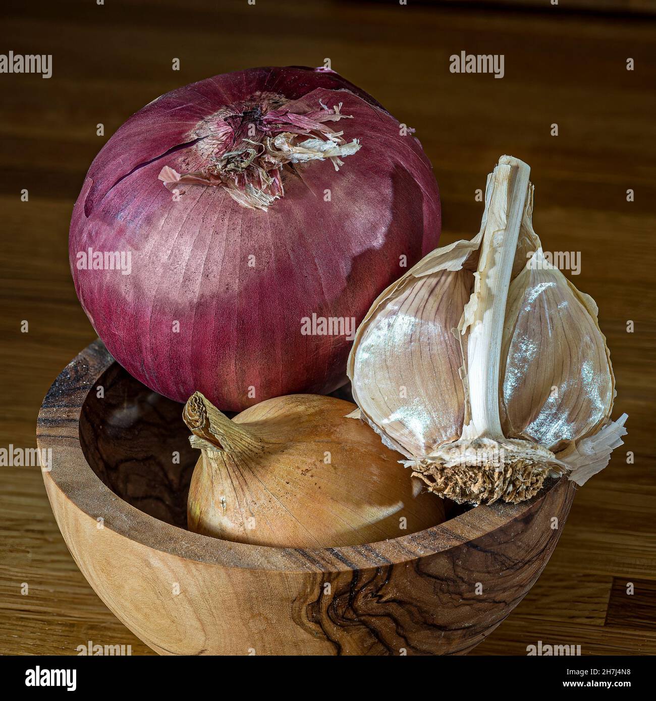 Particolare di ciotola di cipolle e aglio, Pennsylvania USA Foto Stock