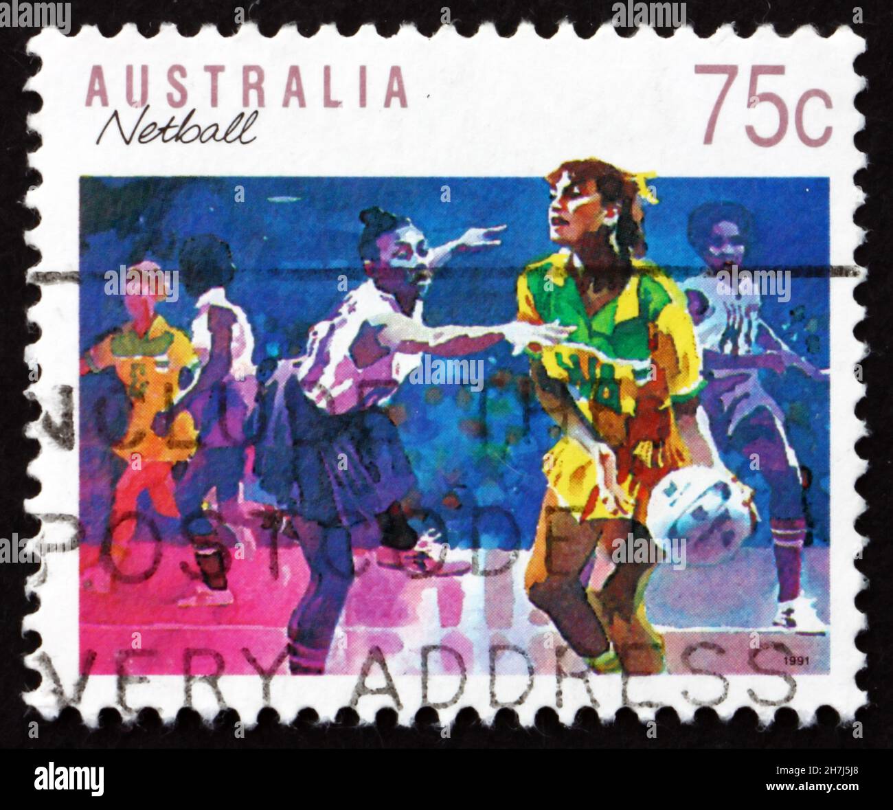 AUSTRALIA - CIRCA 1991: Un francobollo stampato in Australia mostra Netball, Ball Sport, circa 1991 Foto Stock