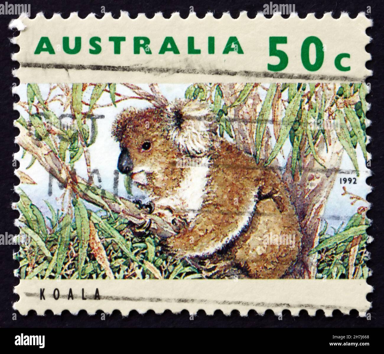 AUSTRALIA - CIRCA 1992: Un francobollo stampato in Australia mostra Koala, Phascolarctos cinereus, herbivorous Marsupial, Koala Bear, circa 1992 Foto Stock