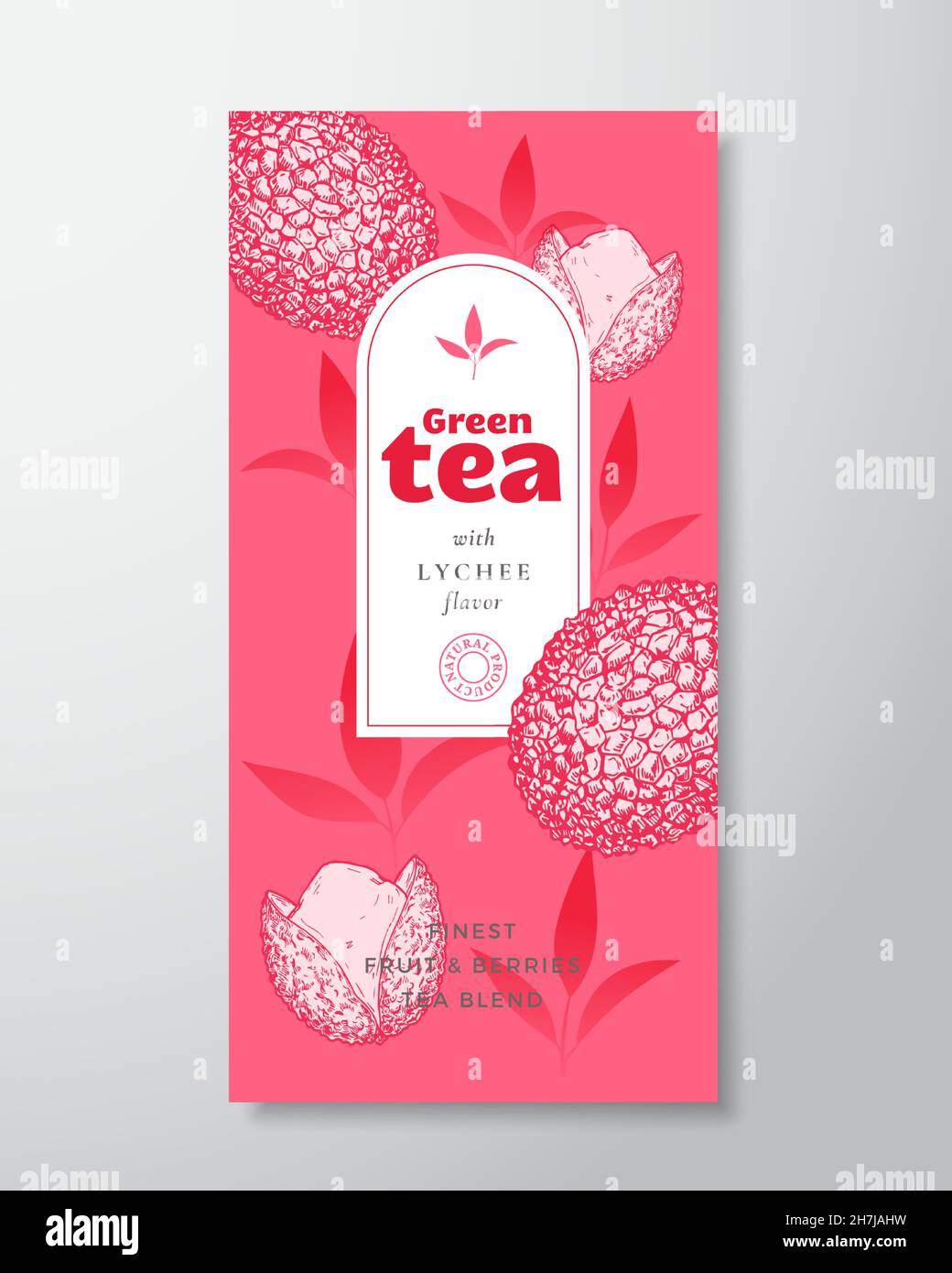 Modello etichetta tè Fruit and Berries. Layout del progetto di packaging vettoriale astratto con ombre realistiche. Decorazioni con foglie di Lychee e tè disegnate a mano Illustrazione Vettoriale