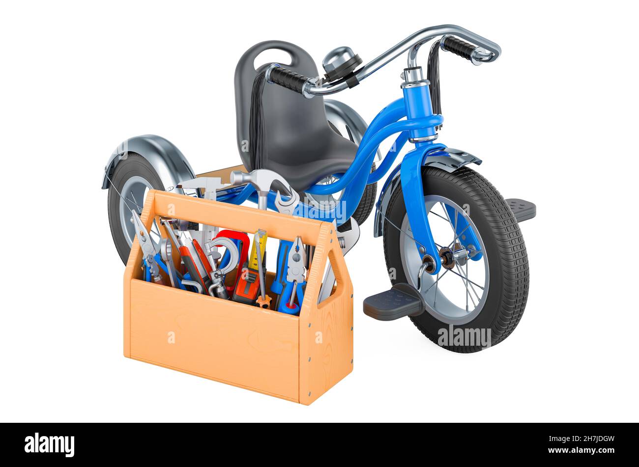 Triciclo per bambini con cassetta degli attrezzi. Servizio e riparazione di biciclette per bambini, rendering 3D isolato su sfondo bianco Foto Stock