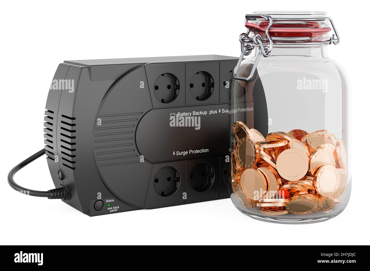 Gruppo di continuità UPS con vaso in vetro pieno di monete d'oro, rendering 3D isolato su sfondo bianco Foto Stock
