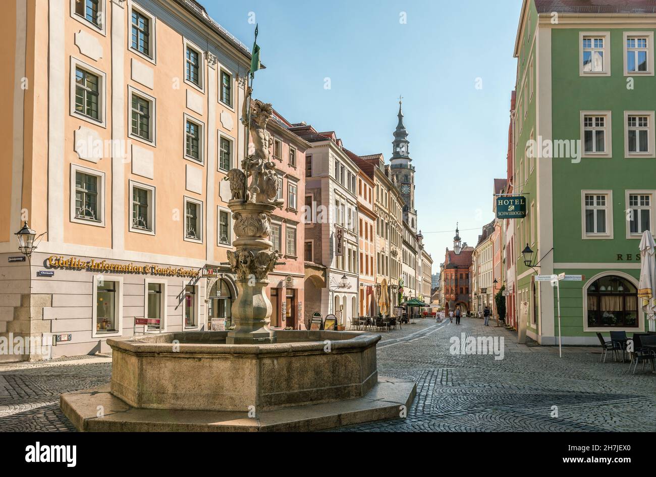 Fontana presso l'Obermarkt a Goerlitz, Sassonia, Germania Foto Stock