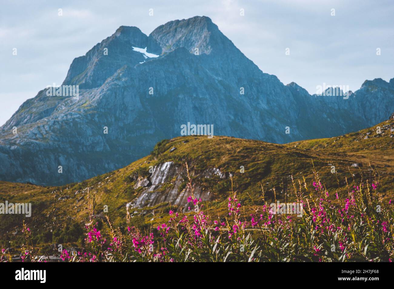 Paesaggio di montagna in Norvegia viaggi natura paesaggio Lofoten isole stagione estiva belle destinazioni Foto Stock