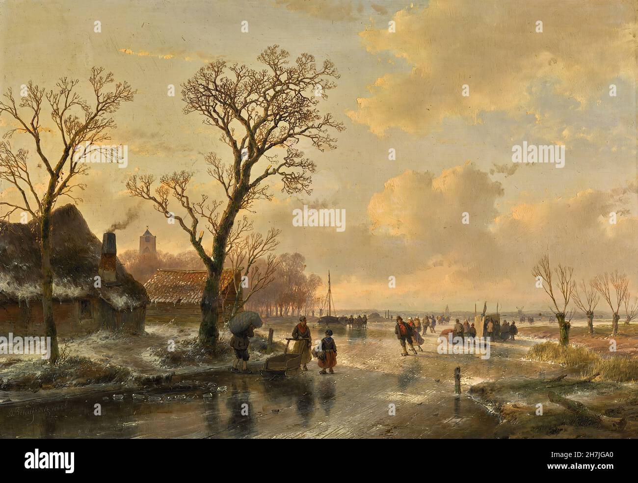 Andreas Schelfhout (1787-1870) - pattinatori su un fiume ghiacciato Foto Stock