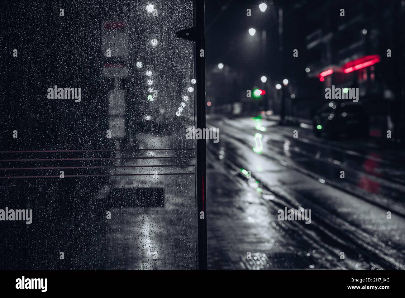 Paesaggio bianco e nero. Vista sulla strada. Strada vuota in una notte piovosa. Moody tempo. Segni al neon, sensazione di solitudine. Foto di alta qualità Foto Stock