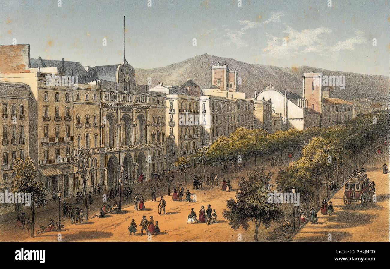 Deroy & Becquet - Vista de la Rambla y del Teatro del Liceo (1800) Foto Stock