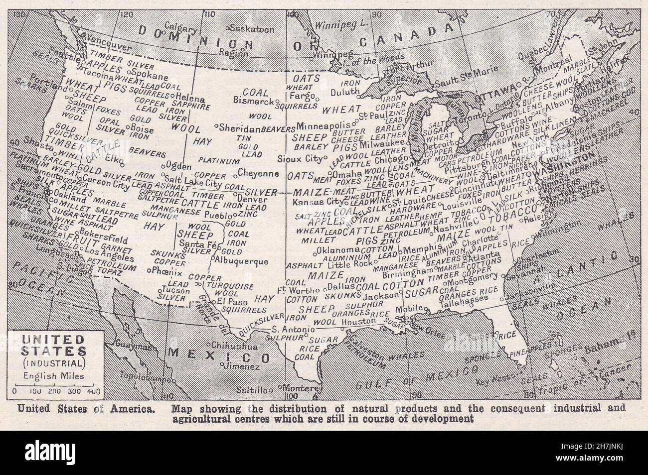Mappa d'epoca degli Stati Uniti d'America - distribuzione di prodotti naturali / centri industriali ed agricoli 1930s. Foto Stock