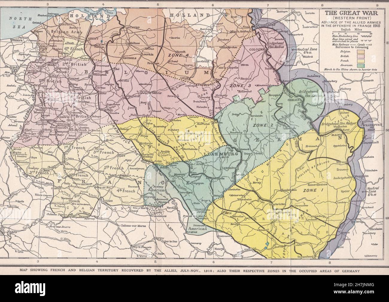 Vintage map of the Great War (fronte Occidentale) l'avanzata degli eserciti alleati nell'offensiva in Francia 1918. Foto Stock