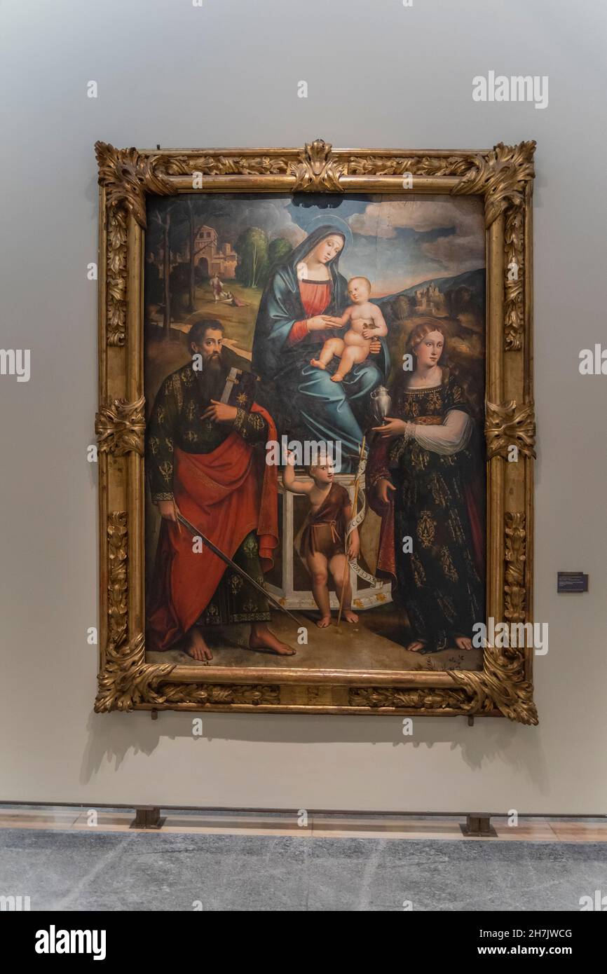 Pinacoteca Nazionale Bologna, Madonna con Bambino in treno e i Santi Paolo, Maddalena e Giovannino, Italia Foto Stock