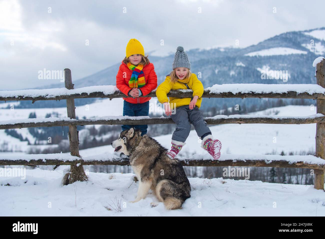 Due bambini si divertono con il cane nella splendida natura invernale con  la montagna di campagna coperta di neve. Abbigliamento invernale a maglia  per bambini. Bambini Foto stock - Alamy