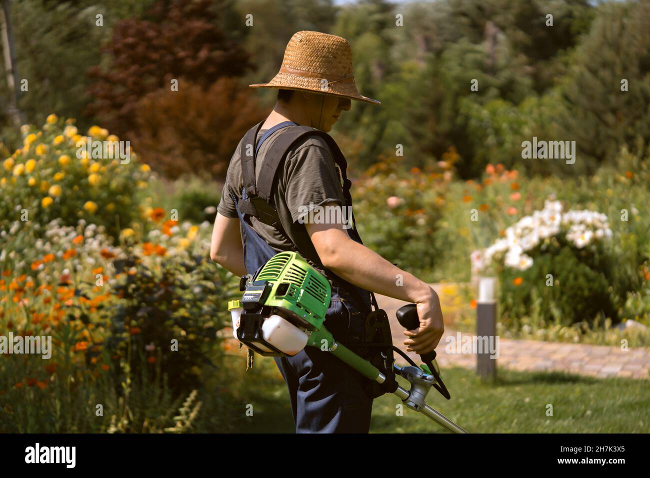 Un giovane uomo con un rasaerba si prende cura dell'erba nel cortile. Foto Stock