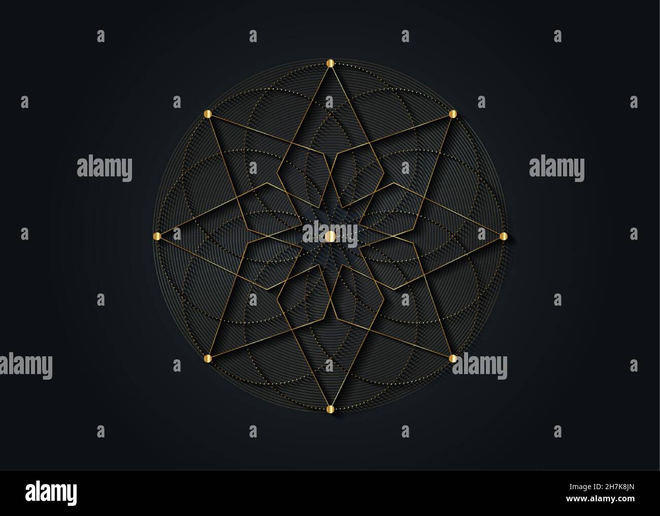 Geometria sacra d'oro, stella a otto punte. Logo icona mistica geometrica mandala di alchimia seme esoterico della vita. Vettore concentrico cerchi segno divino Illustrazione Vettoriale