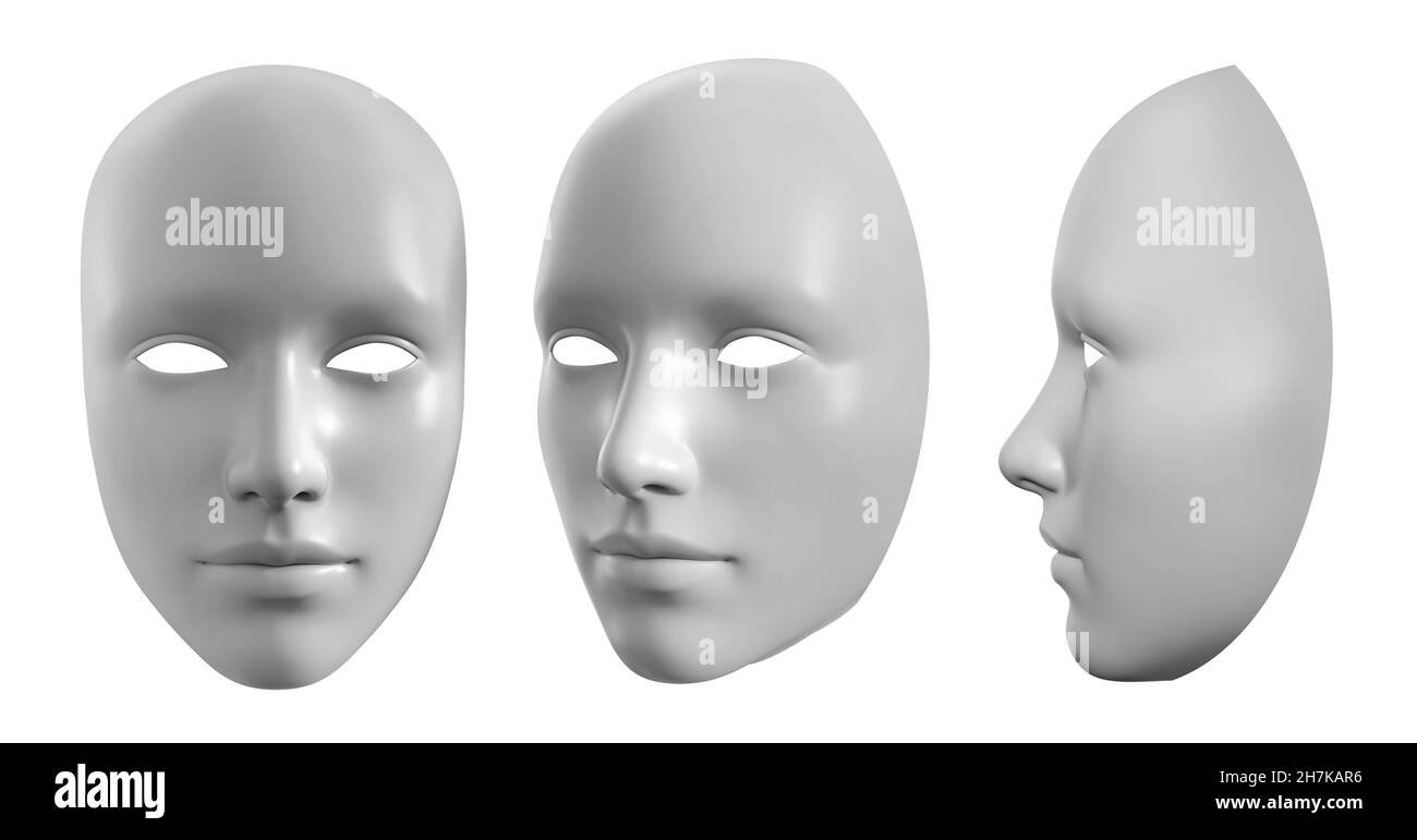 Illustrazione di rendering 3D isolato della maschera di colore grigio del volto femminile su sfondo bianco. Foto Stock