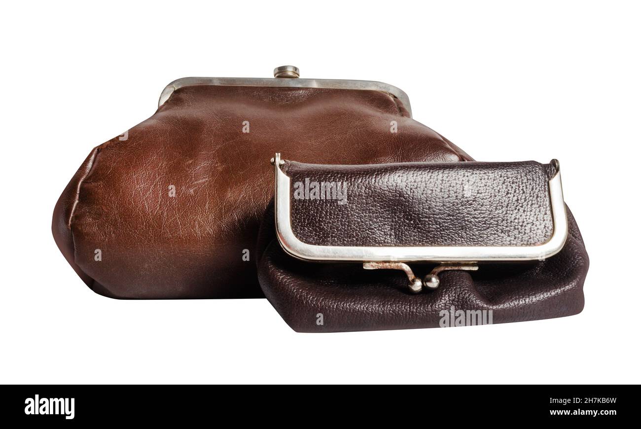 Foto isolata di borse in pelle di vecchio stile marrone colorato. Foto Stock