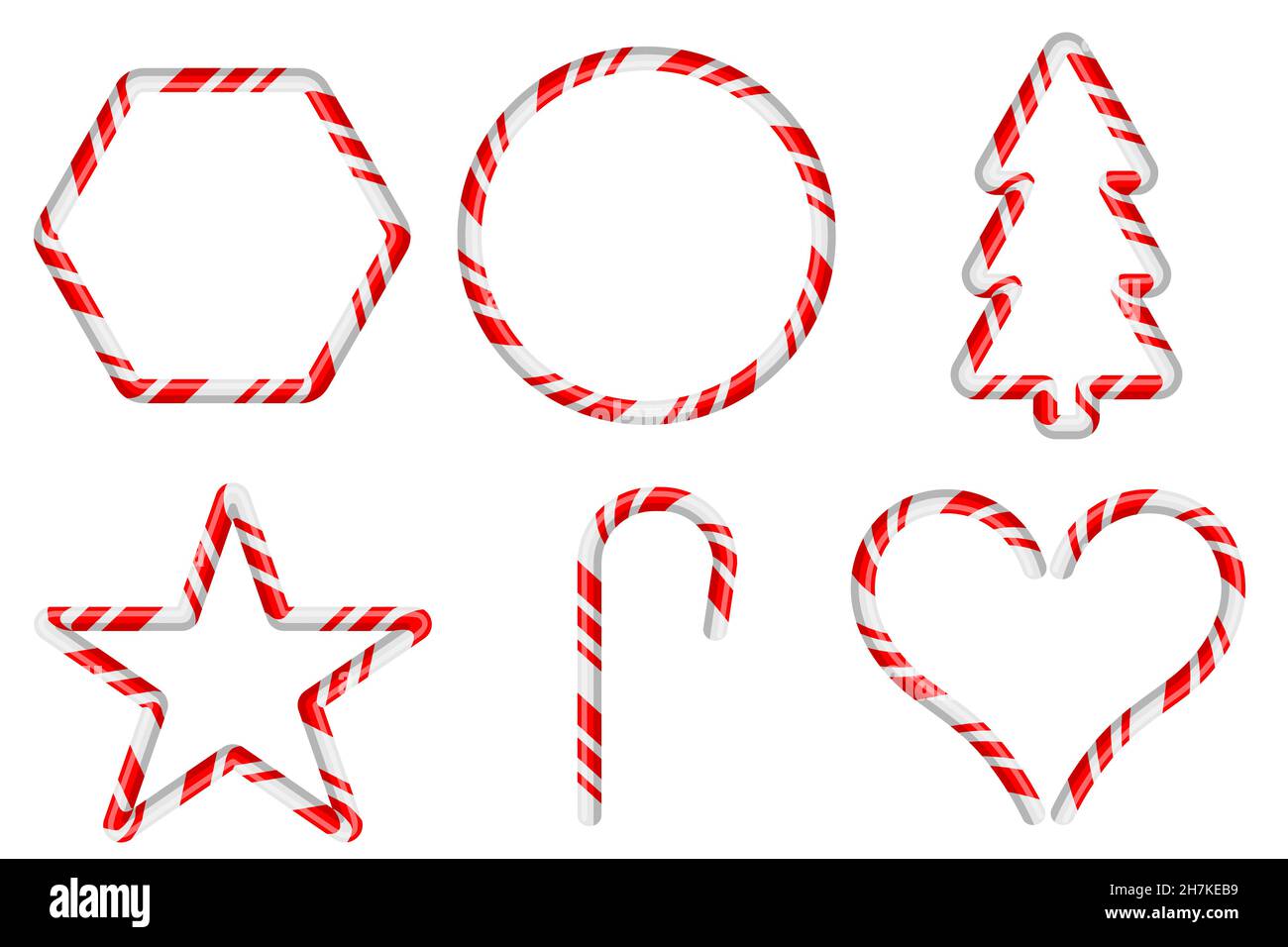 Varie decorazioni natalizie e cornici con modelli di canna di caramella isolati su sfondo bianco. Illustrazione vettoriale di design piatto Illustrazione Vettoriale