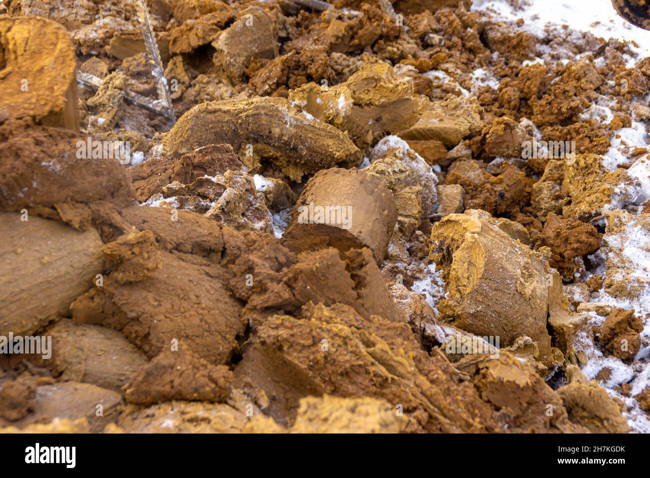 frammenti di terreno da pozzo geologico - argilla gettata da trivella e frammenti di terreno argilla nucleo che non sono stati campionati per la ricerca di laboratorio Foto Stock
