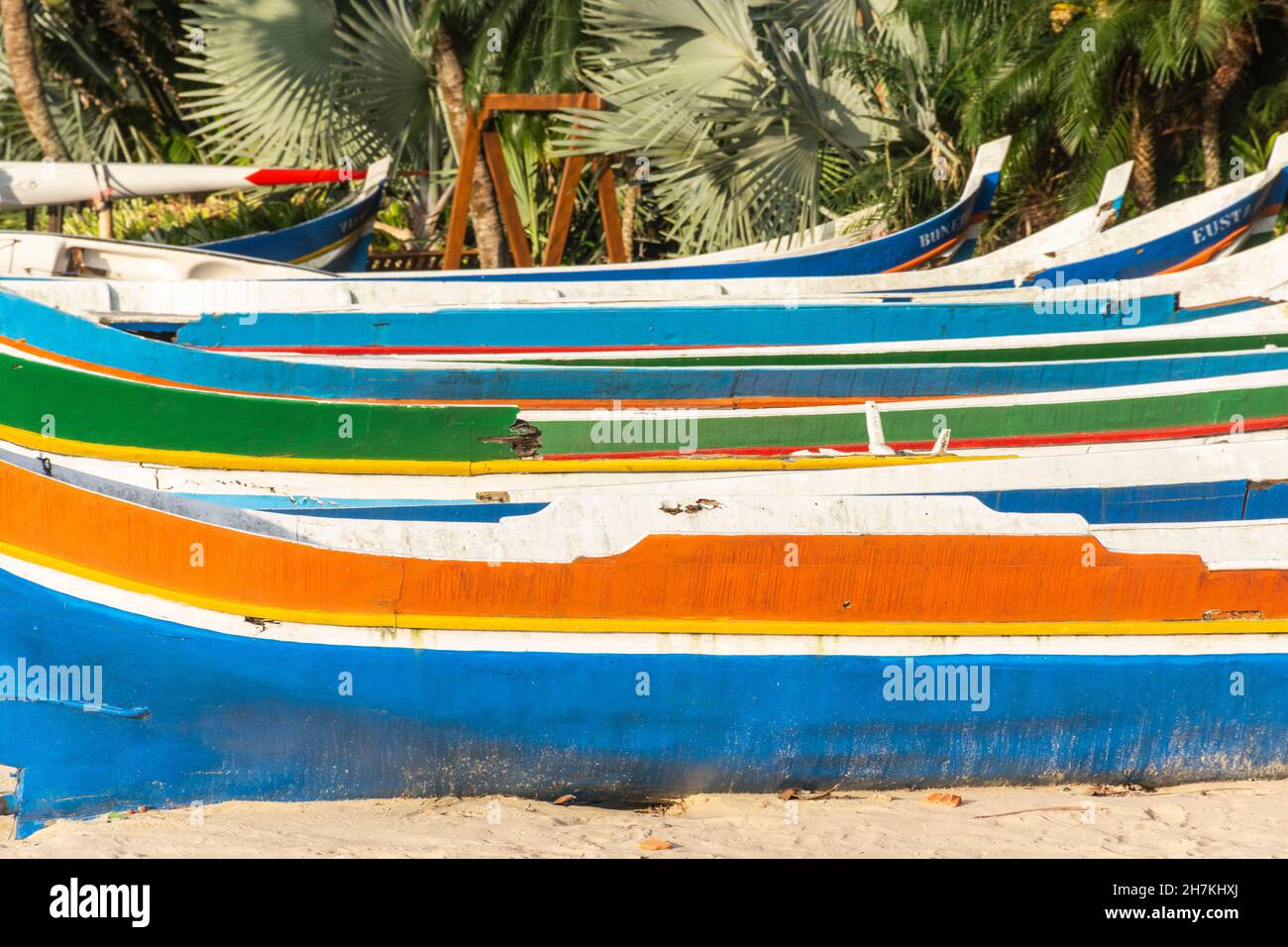 Splendida vista sulle canoe di pesca colorate sulla spiaggia tropicale, Ilhabela, São Paulo, Brasile Foto Stock