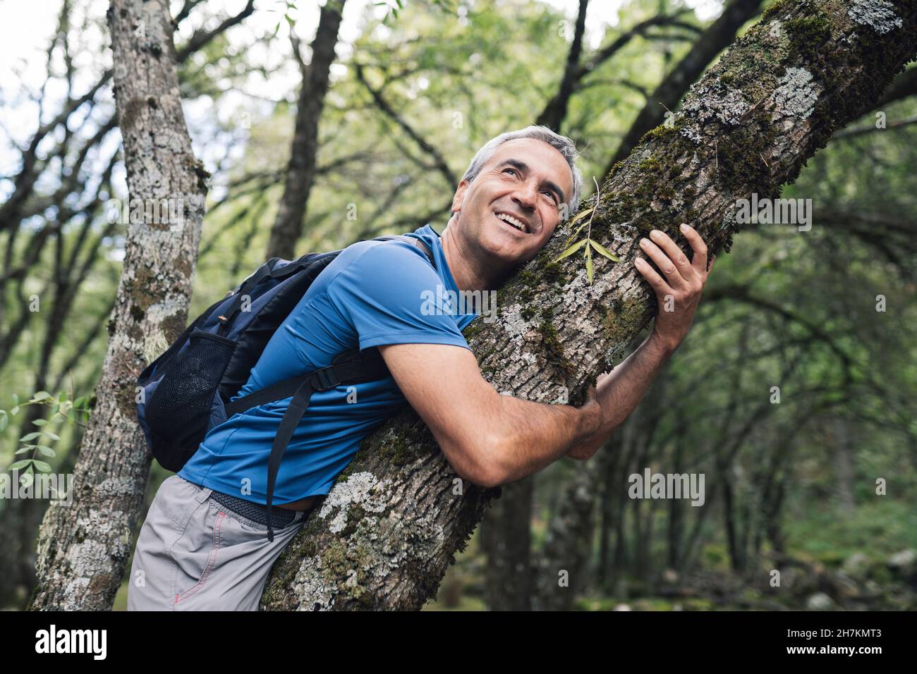 Uomo maturo che abbraccia albero in foresta Foto Stock