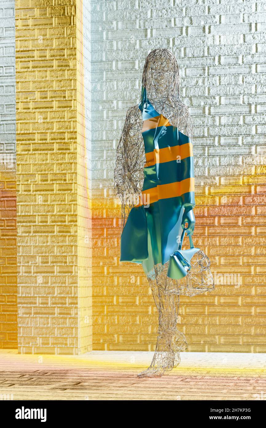 Rendering tridimensionale di maglia in filo manichino vestito a righe Foto Stock