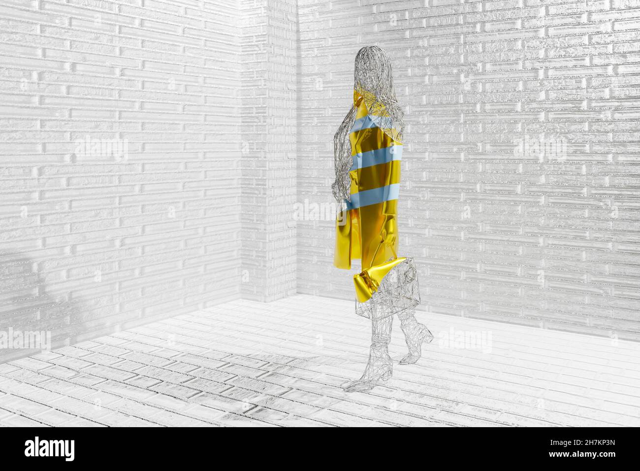 Rendering tridimensionale di maglia in filo manichino vestito a righe Foto Stock