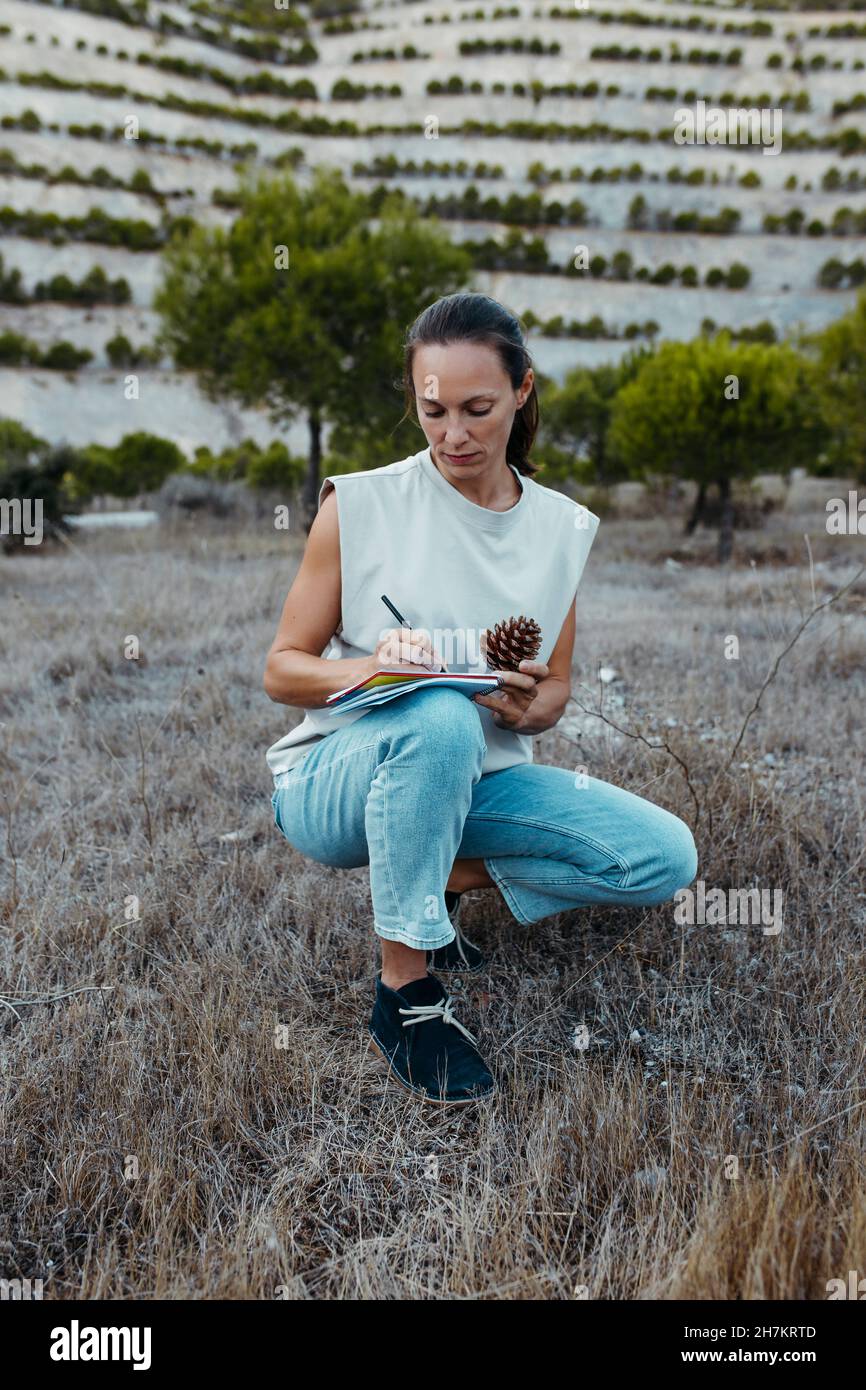 Scienziato femminile che scrive i dati sul cono del pino nel libro al campo agricolo Foto Stock