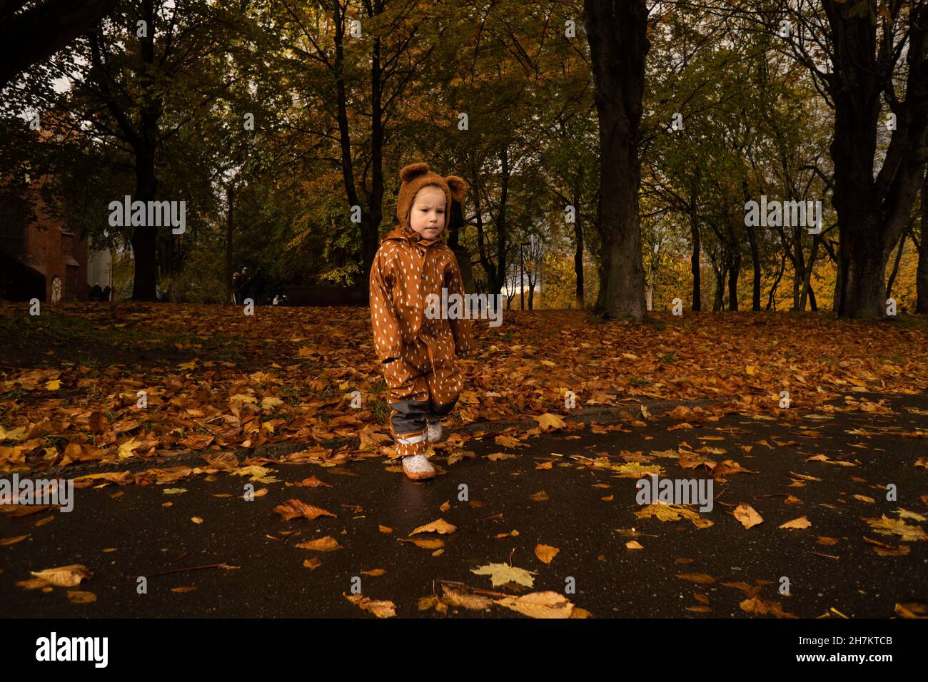 Ragazzo con impermeabile marrone e cappello al parco autunnale Foto Stock