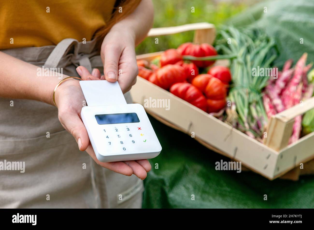 Donna contadina che passa la carta di credito in giardino Foto Stock