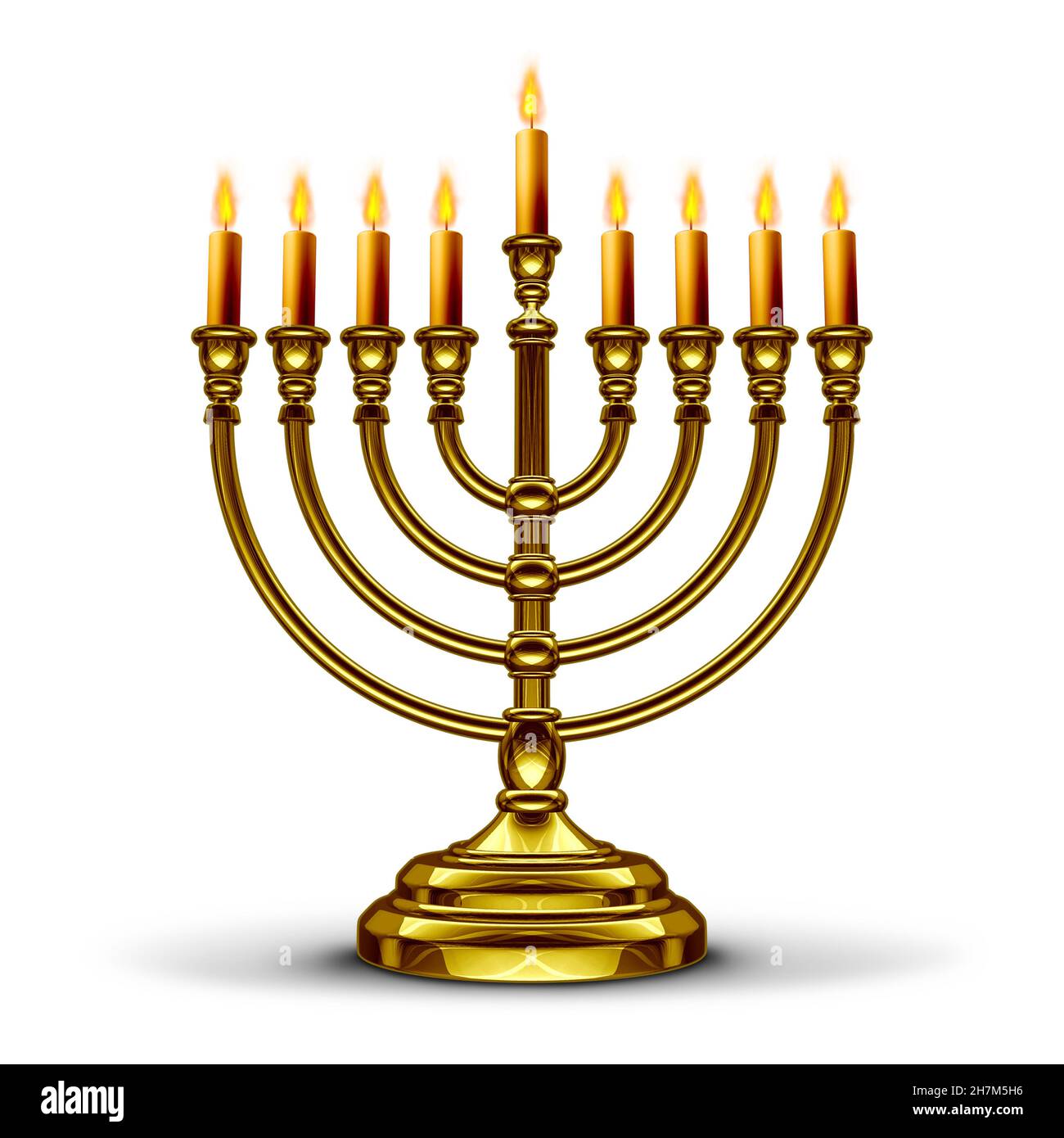 Hanukkah simbolo di menorah o Chanukah candeliere con candele accese come simbolo di fede tradizionale stagionale su uno sfondo bianco come un'illustrazione 3D. Foto Stock