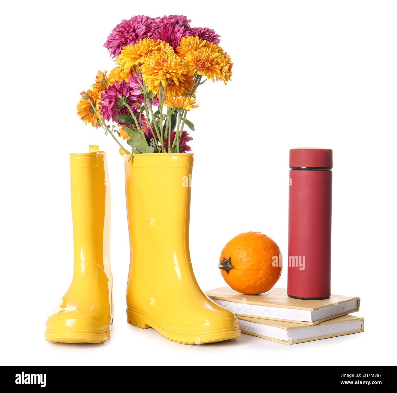 Stivali in gomma con fiori, thermos, libri e zucca su sfondo bianco Foto Stock