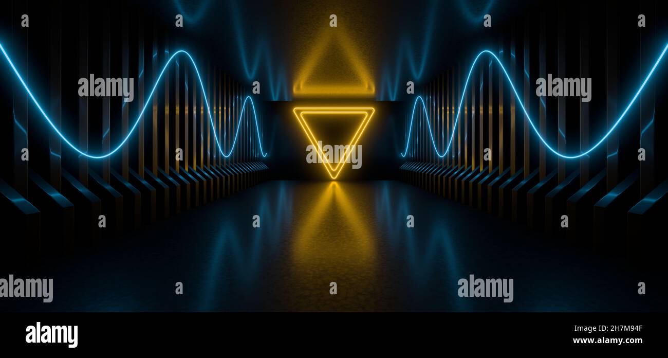 Sci Fy lampade al neon incandescenti in un corridoio scuro. Riflessioni sul pavimento e sulle pareti. Sfondo vuoto al centro. immagine di rendering 3d. Tecnologia futuri Foto Stock