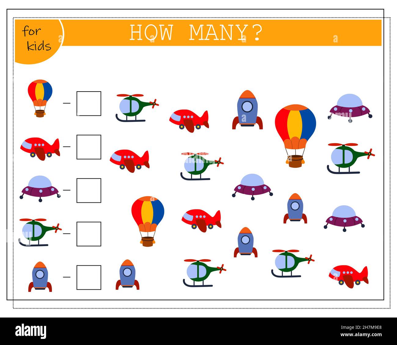 Gioco di matematica per bambini, contare quanti di loro. Giocattoli per bambini, elicottero, aeroplano, palloncino, razzo. Vettore Illustrazione Vettoriale