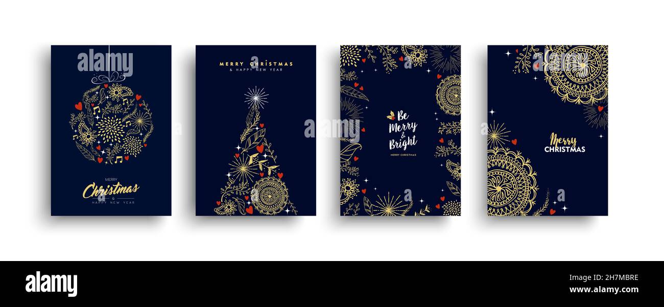 Allegro Natale felice anno nuovo oro cartoon ornamento set di carte. Collezione di decorazioni a mano per feste invernali o feste inv Illustrazione Vettoriale