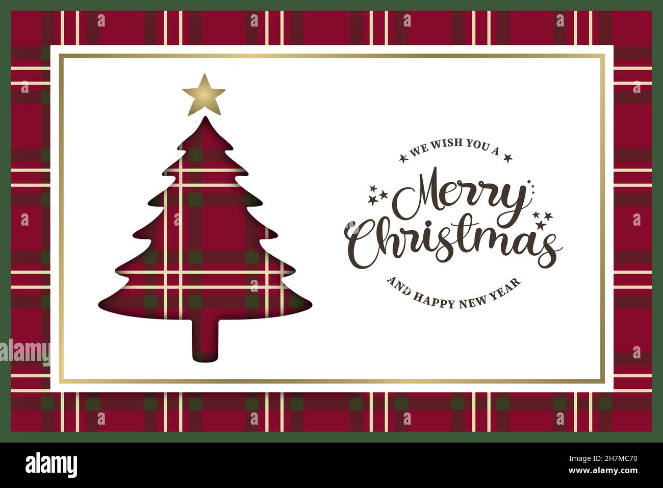 Buon Natale felice anno nuovo biglietto di auguri illustrazione. Cartoon di pino con tessuto di pipa di natale rosso. Design in stile vintage per cele natalizie Illustrazione Vettoriale