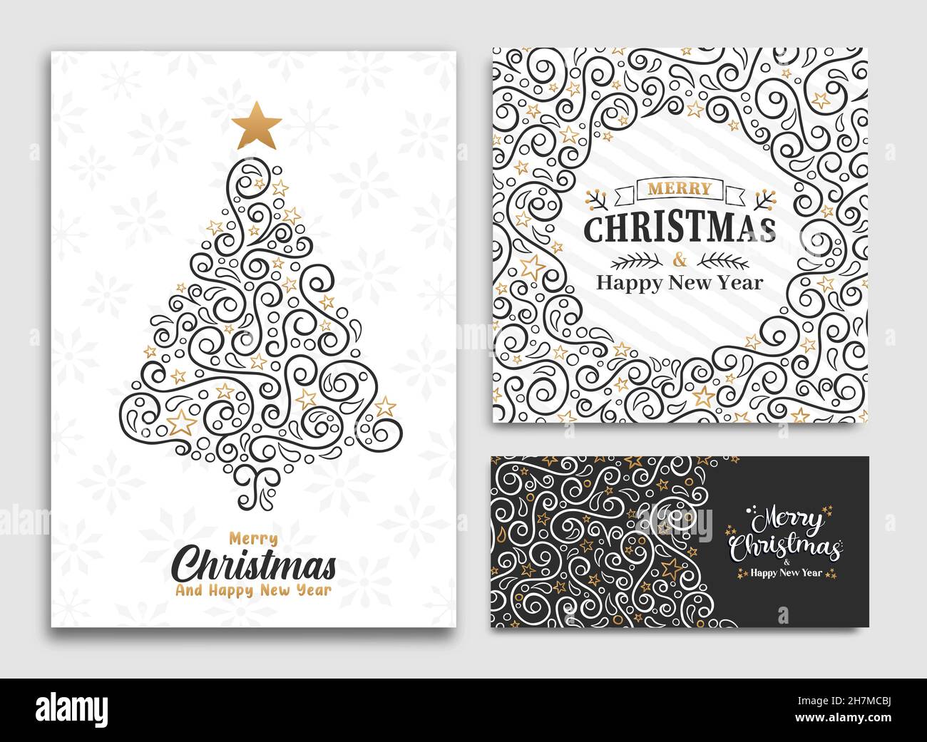 Buon Natale felice anno nuovo biglietto di auguri set. Cartoon di pino con decorazione festosa ornamento xmas. Design in stile vintage per celebratio delle vacanze Illustrazione Vettoriale