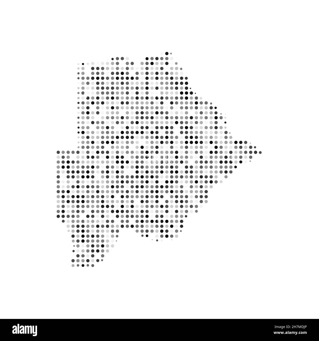Mappa vettoriale astratta punteggiata in bianco e nero effetto mezzitoni del Botswana. Illustrazione vettoriale digitale con disegno punteggiato della mappa del paese. Illustrazione Vettoriale