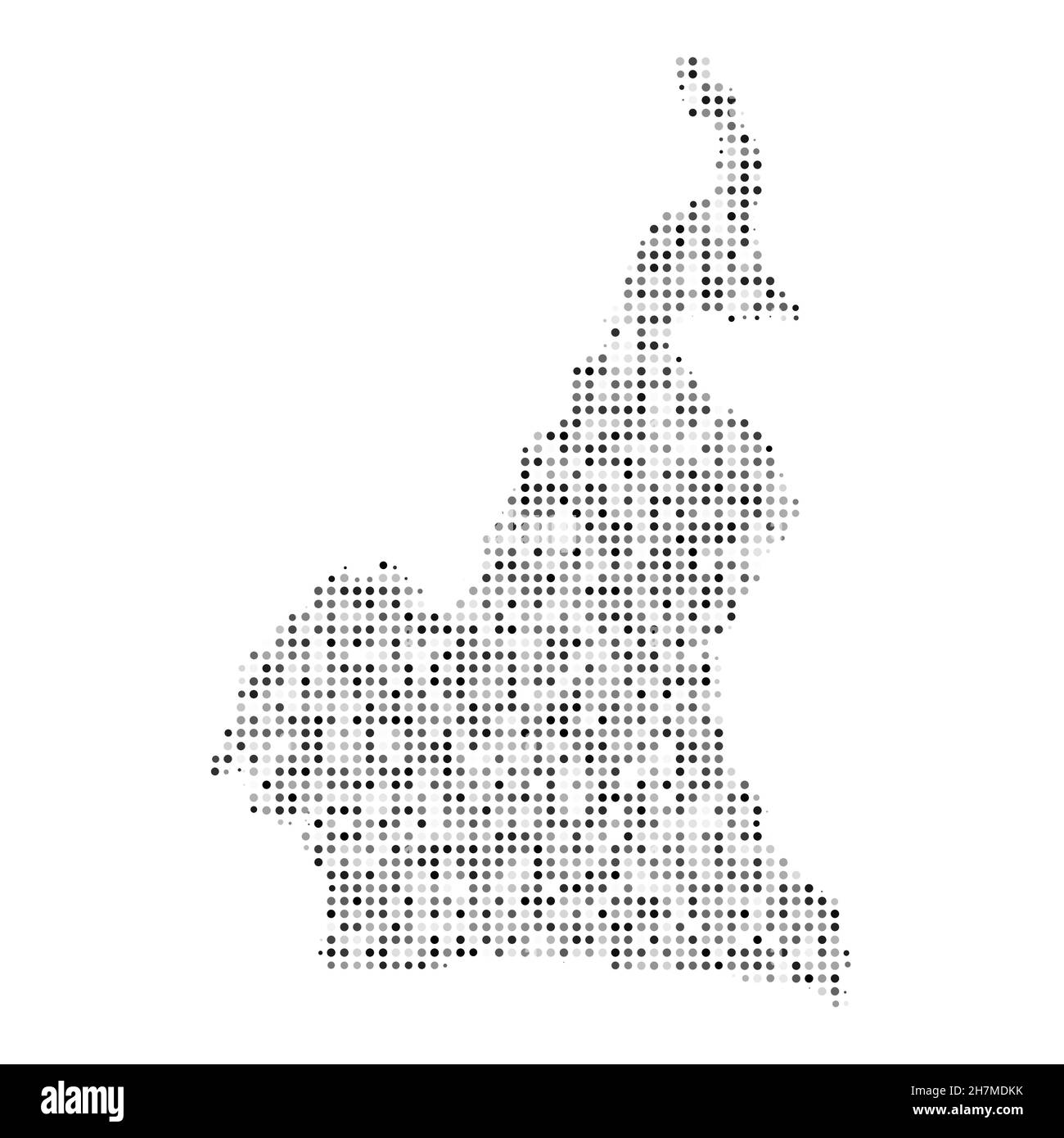 Mappa vettoriale astratta punteggiata in bianco e nero effetto mezzitoni del Camerun. Illustrazione vettoriale digitale con disegno punteggiato della mappa del paese. Illustrazione Vettoriale