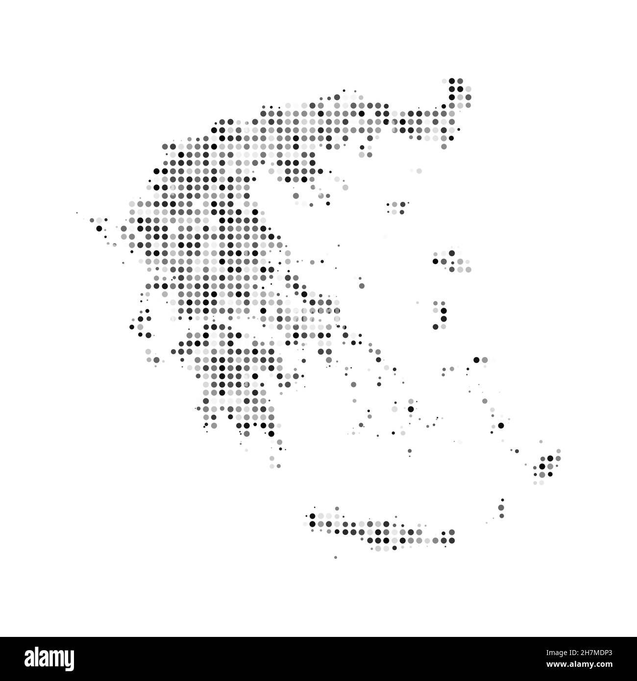 Mappa vettoriale astratta punteggiata nera e bianca effetto mezzitoni della Grecia. Illustrazione vettoriale digitale con disegno punteggiato della mappa del paese. Illustrazione Vettoriale