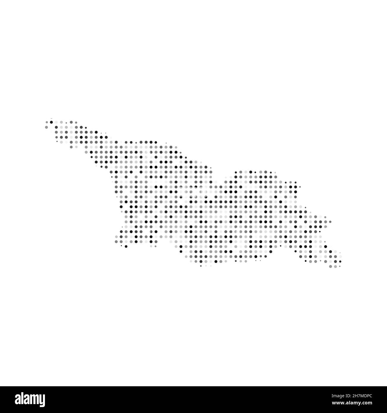 Mappa vettoriale astratta punteggiata in bianco e nero effetto mezzitoni della Georgia. Illustrazione vettoriale digitale con disegno punteggiato della mappa del paese. Illustrazione Vettoriale