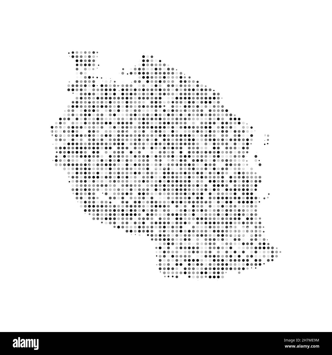 Mappa vettoriale astratta punteggiata in bianco e nero effetto mezzitoni della Tanzania. Illustrazione vettoriale digitale con disegno punteggiato della mappa del paese. Illustrazione Vettoriale