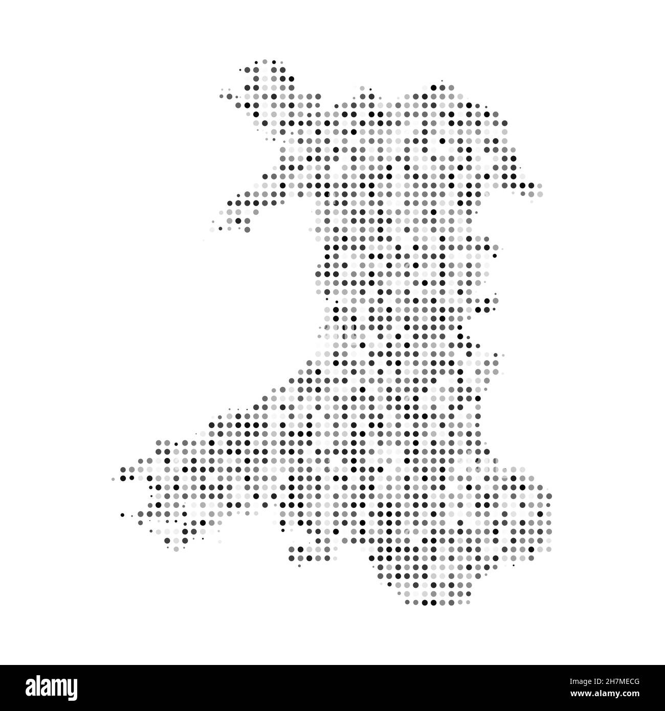 Mappa vettoriale astratta punteggiata in bianco e nero effetto mezzitoni del Galles. Illustrazione vettoriale digitale con disegno punteggiato della mappa del paese. Illustrazione Vettoriale